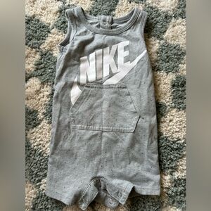 Nike sleeveless, baby romper, gray speckled black white logo